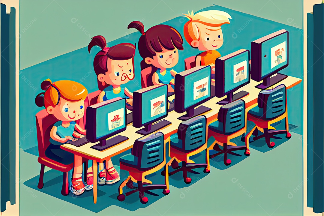 Desenho animado do aluno Estudando na frente do computador em sala de aula Dia do Professor e a importância dos educadores