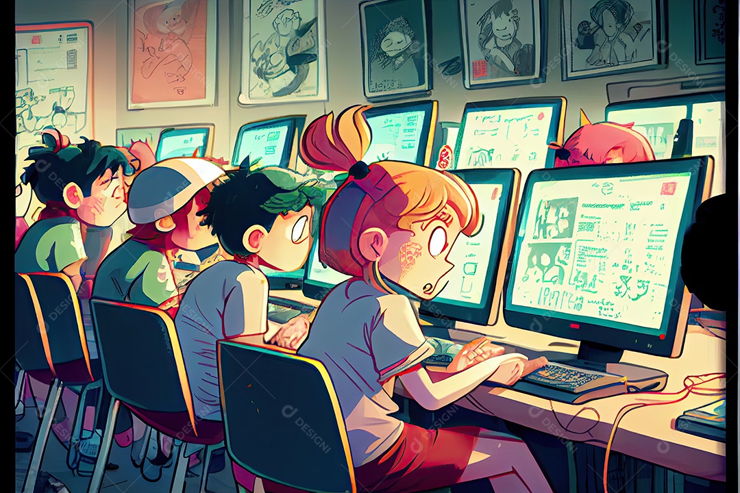 Desenho animado do aluno Estudando na frente do computador em sala de aula Dia do Professor e a importância dos educadores