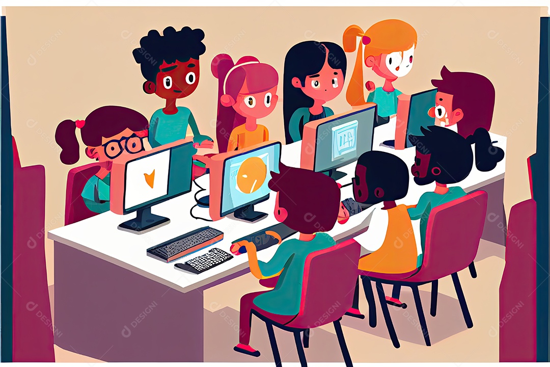 Desenho animado do aluno Estudando na frente do computador em sala de aula 002 Dia do Professor e a importância dos educadores