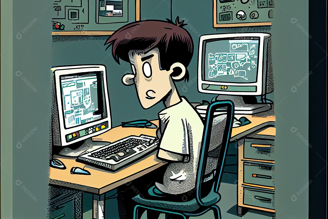 Desenho animado do aluno Estudando na frente do computador em sala de aula 002 Dia do Professor e a importância dos educadores