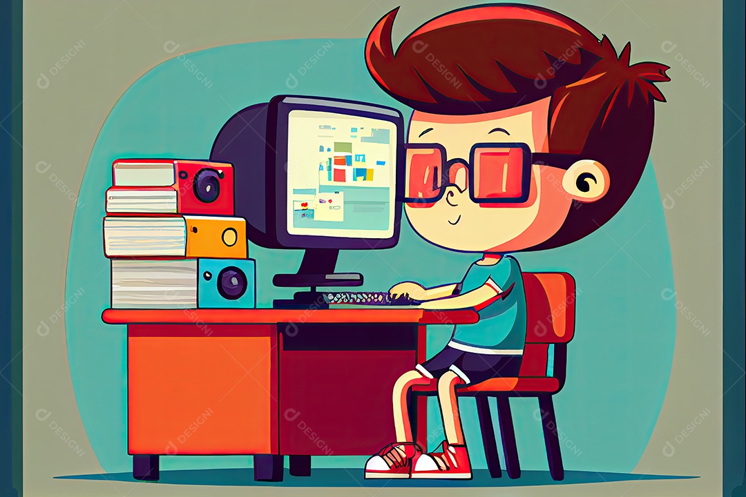 Desenho animado do aluno Estudando na frente do computador em sala de aula 002 Dia do Professor e a importância dos educadores