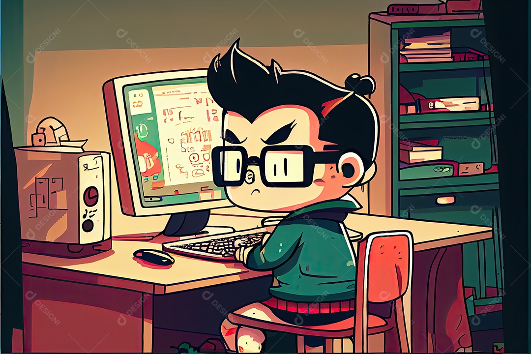 Desenho animado do aluno Estudando na frente do computador em sala de aula 002 Dia do Professor e a importância dos educadores