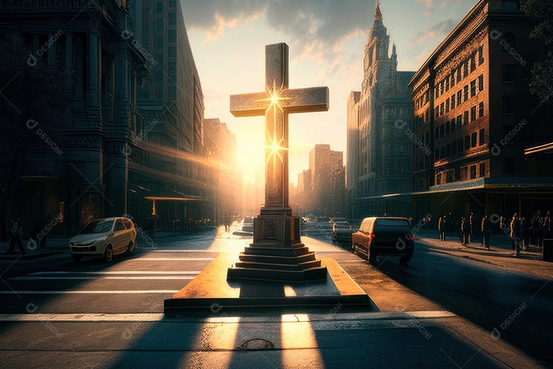 Cruz sobre fundo construções.