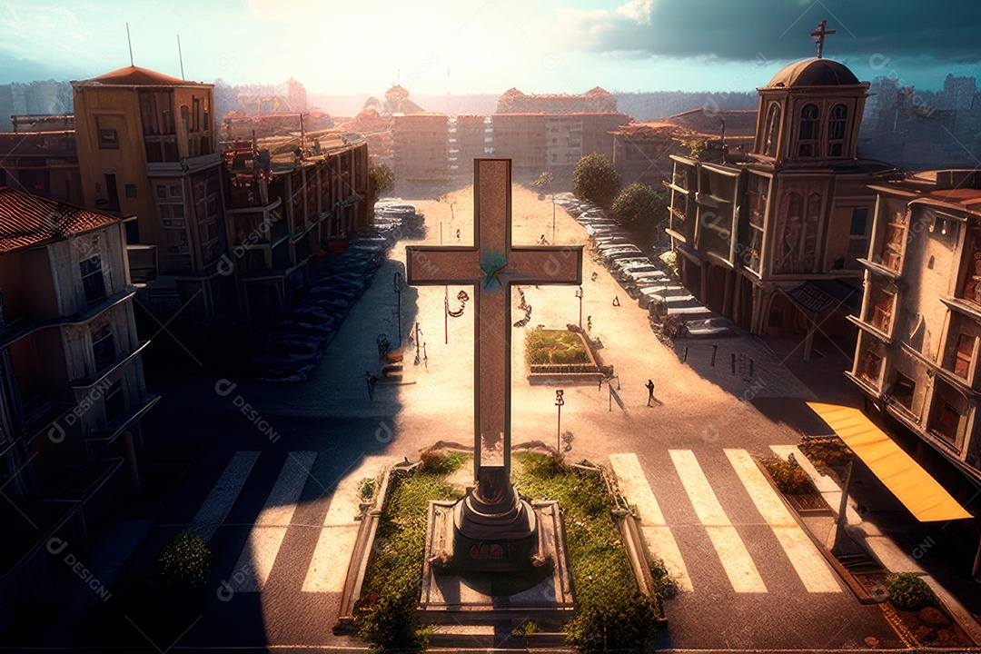 Cruz sobre fundo construções.