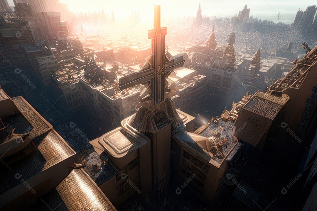 Cruz sobre fundo construções.