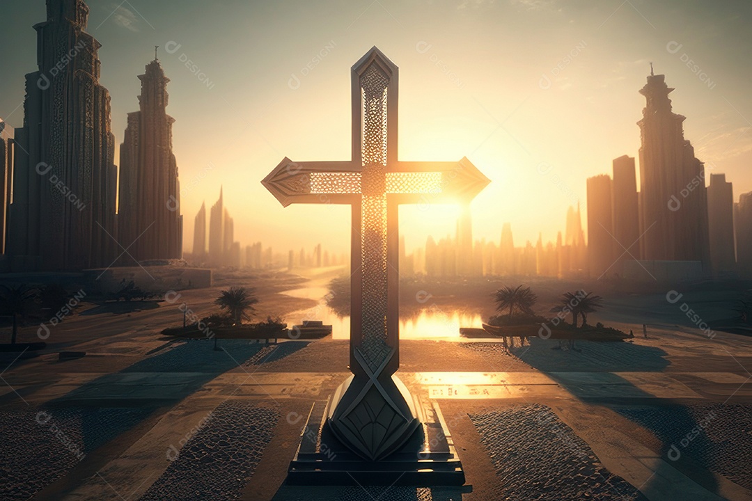 Cruz sobre fundo construções.