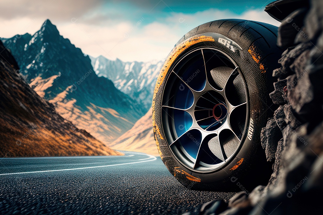 Pneu e roda de carro em destaque.