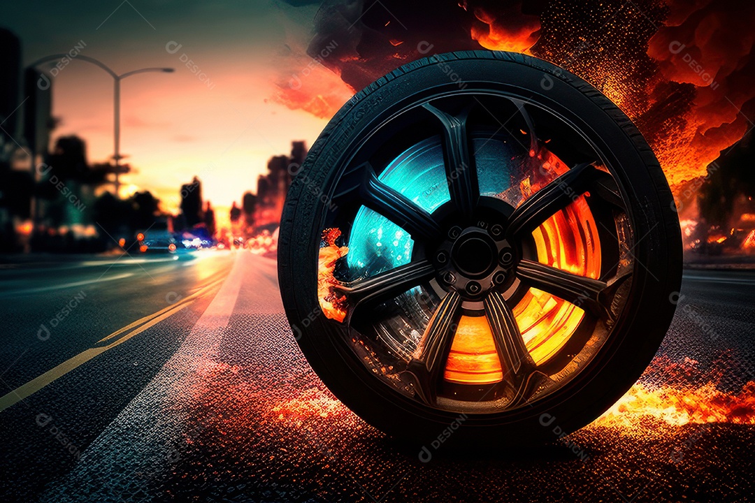 Pneu e roda de carro em destaque.