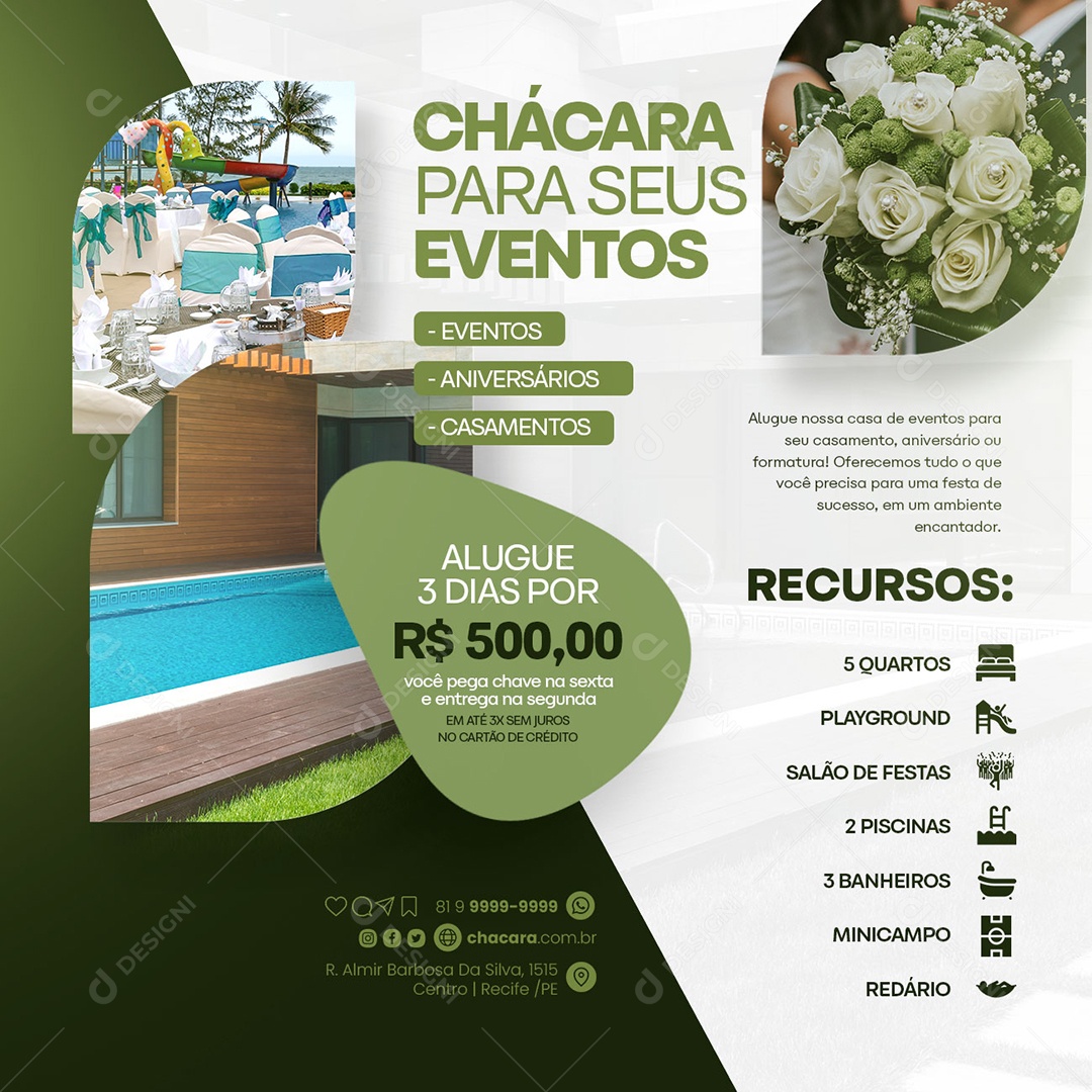 Chácara Para Seus Eventos Alugue 3 Dias Por 500,00 Social Media PSD Editável