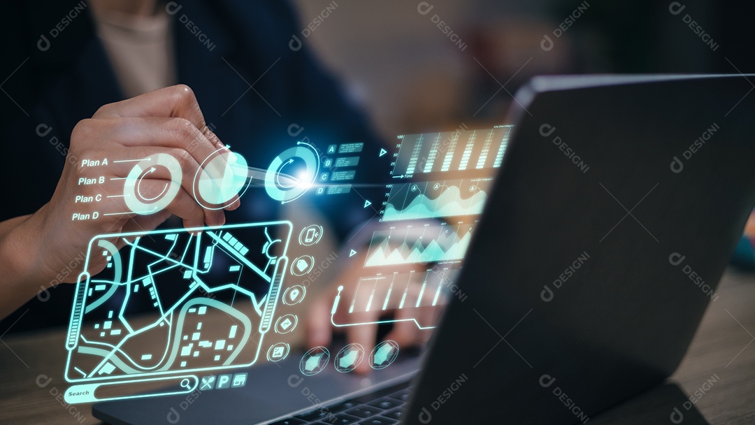 Conceito de interface de usuário futurista. GUI de interface gráfica do usuário na tela de interface virtual futurista. Cabeça para cima Display HUD. Internet das Coisas.