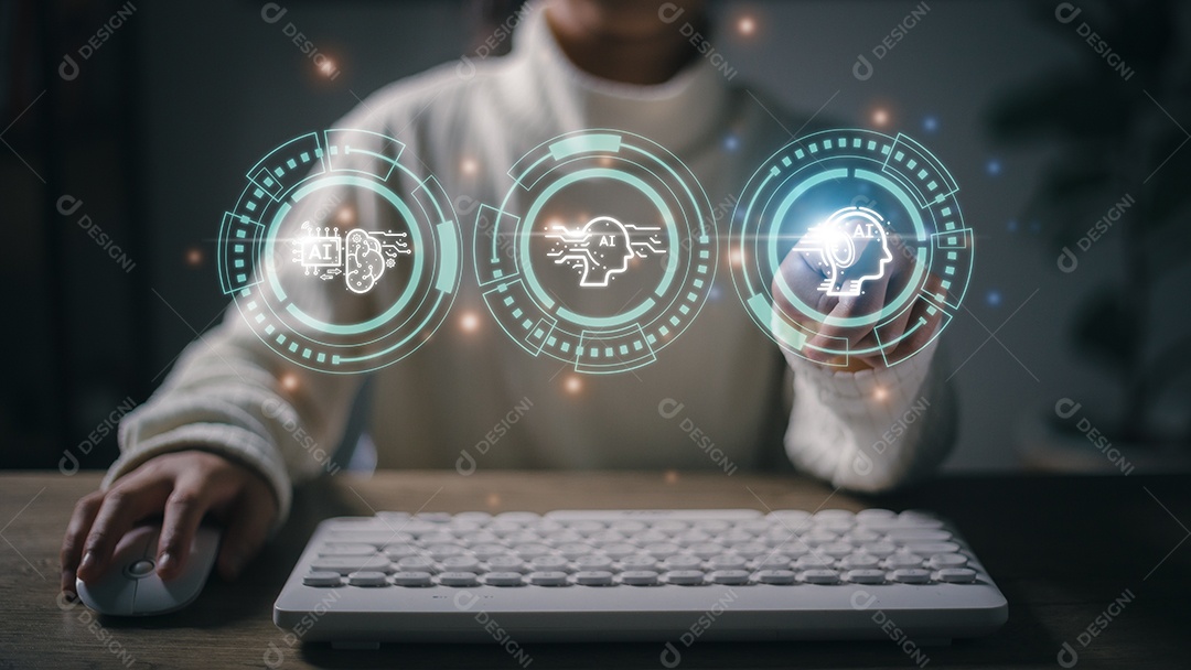 As mulheres de conceito de tecnologia e pessoas usam IA para ajudar no trabalho, aprendizado de IA e conceitos de inteligência artificial. Negócios, tecnologia moderna, internet e conceito de rede.