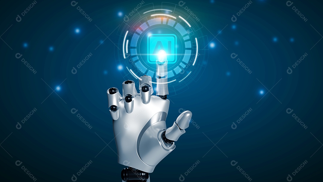 Robô de mão tocando chip de computador e dados binários. Inteligência artificial futurista AI. Aprendizagem Profunda. Rede neural. Cérebro representando.
