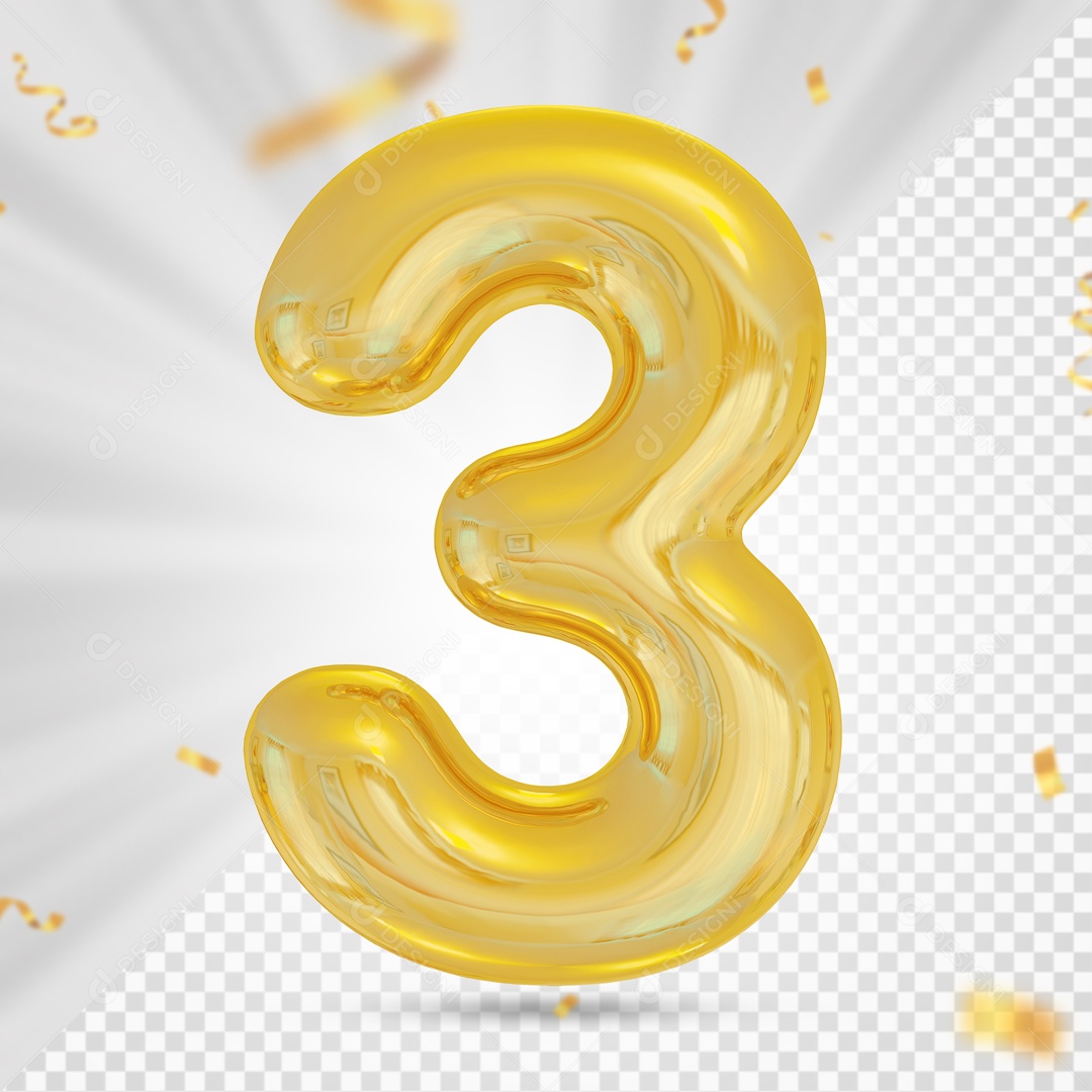 Balão Dourado Número 3 Festas Elemento 3D PSD