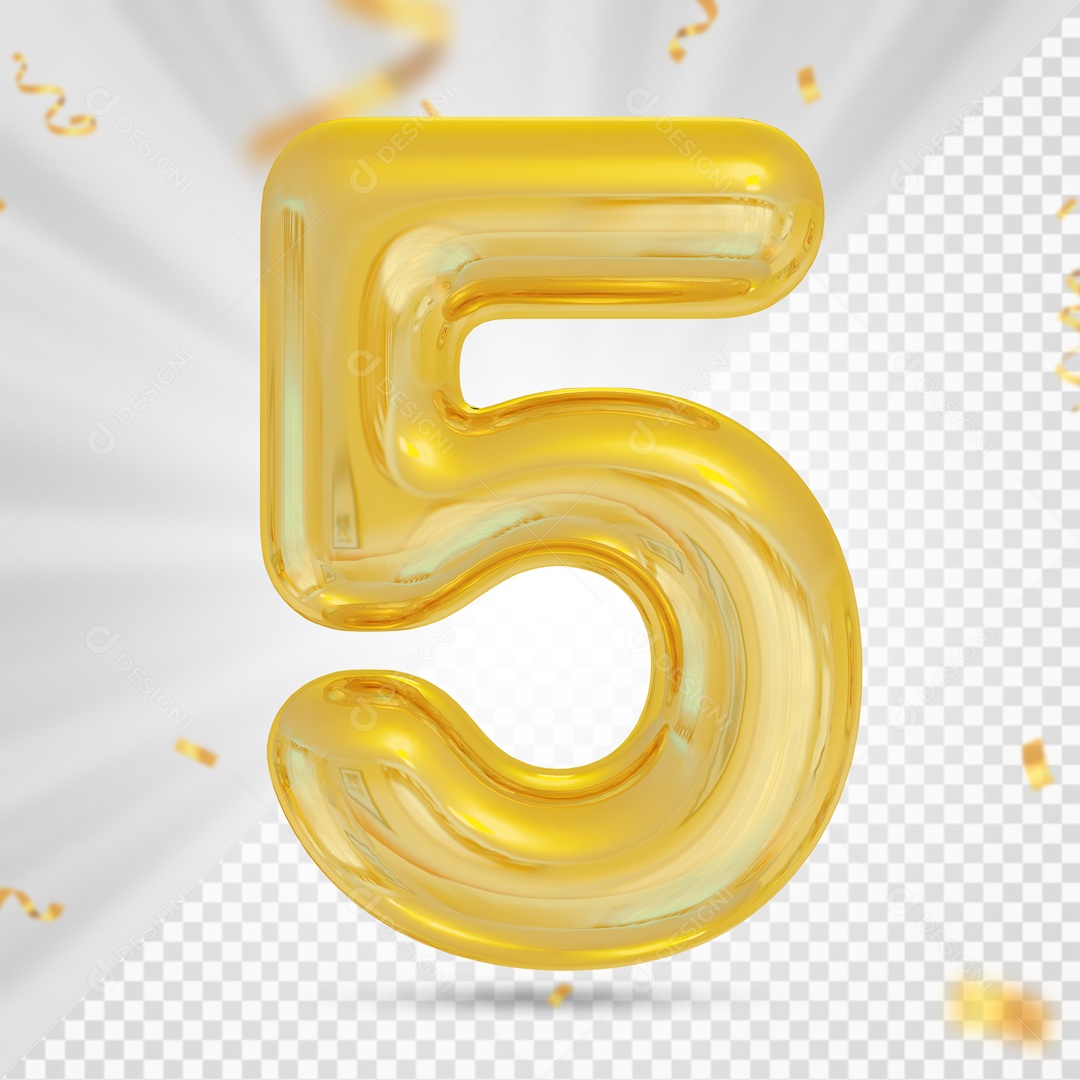 Balão Dourado Número 5 Festas Elemento 3D PSD