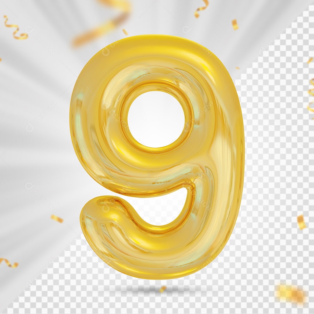 Balão Dourado Número 9 Festa Elemento 3D PSD