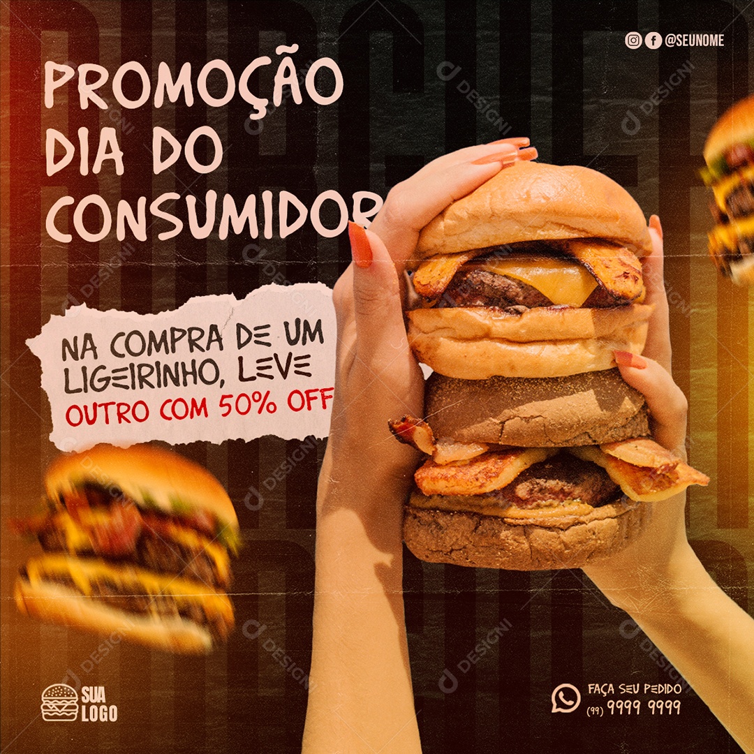 Promoção Dia Do Consumidor Na Compra De Um Ligeirinho Hamburgueria Social Media PSD Editável