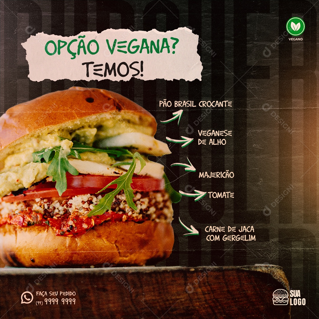 Opção Vegana Temos Pão Brasil Crocante Hamburgueria Social Media PSD Editável
