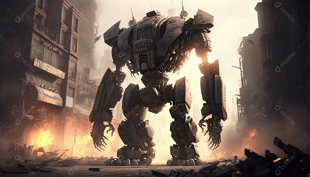 Robô gigante de ficção científica atacando uma cidade