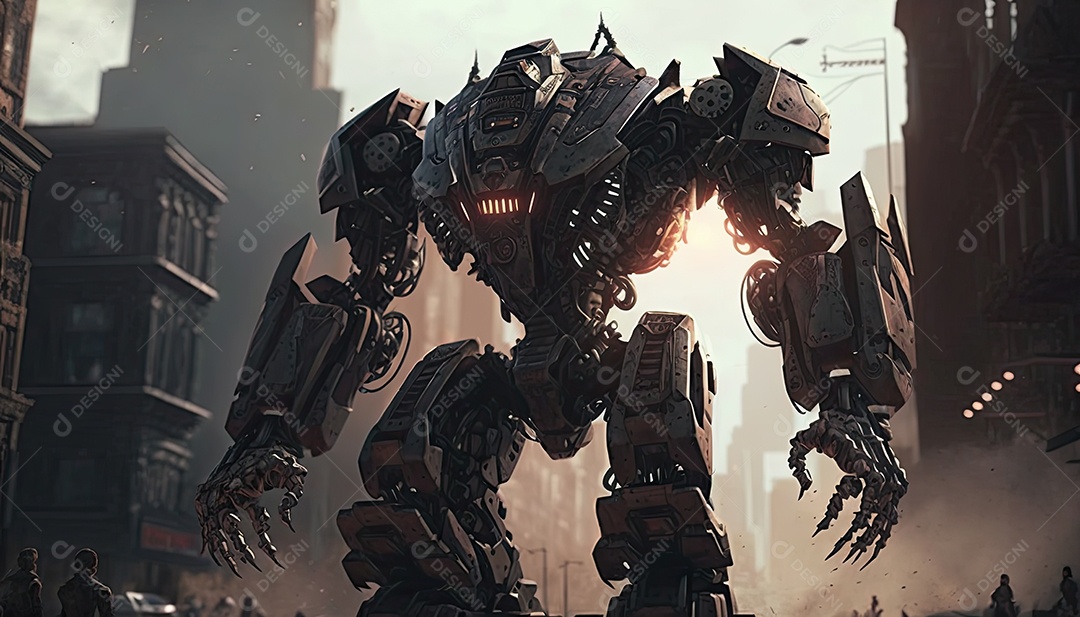 Robô gigante de ficção científica atacando uma cidade