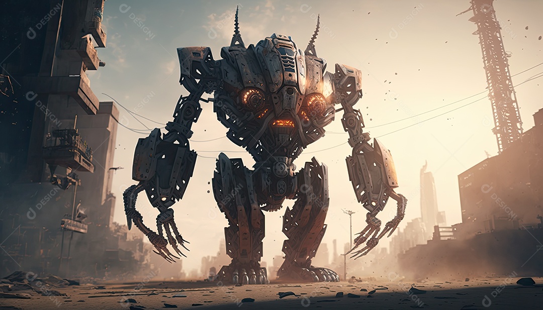 Robô gigante de ficção científica atacando uma cidade