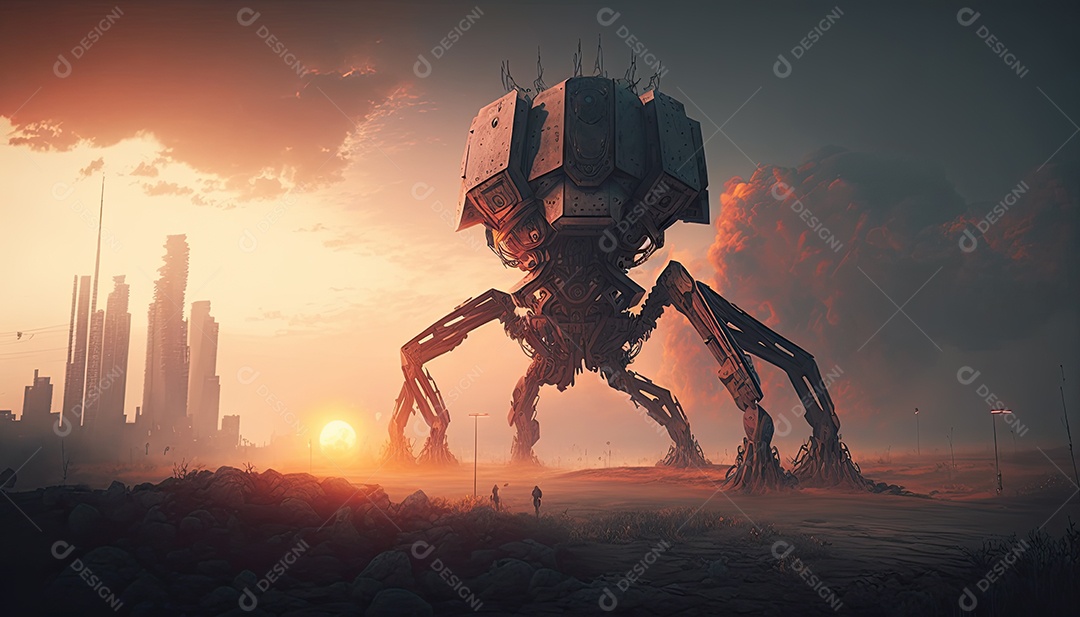 Robô gigante de ficção científica atacando uma cidade