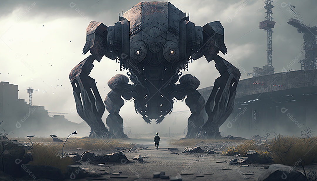 Robô gigante de ficção científica atacando uma cidade