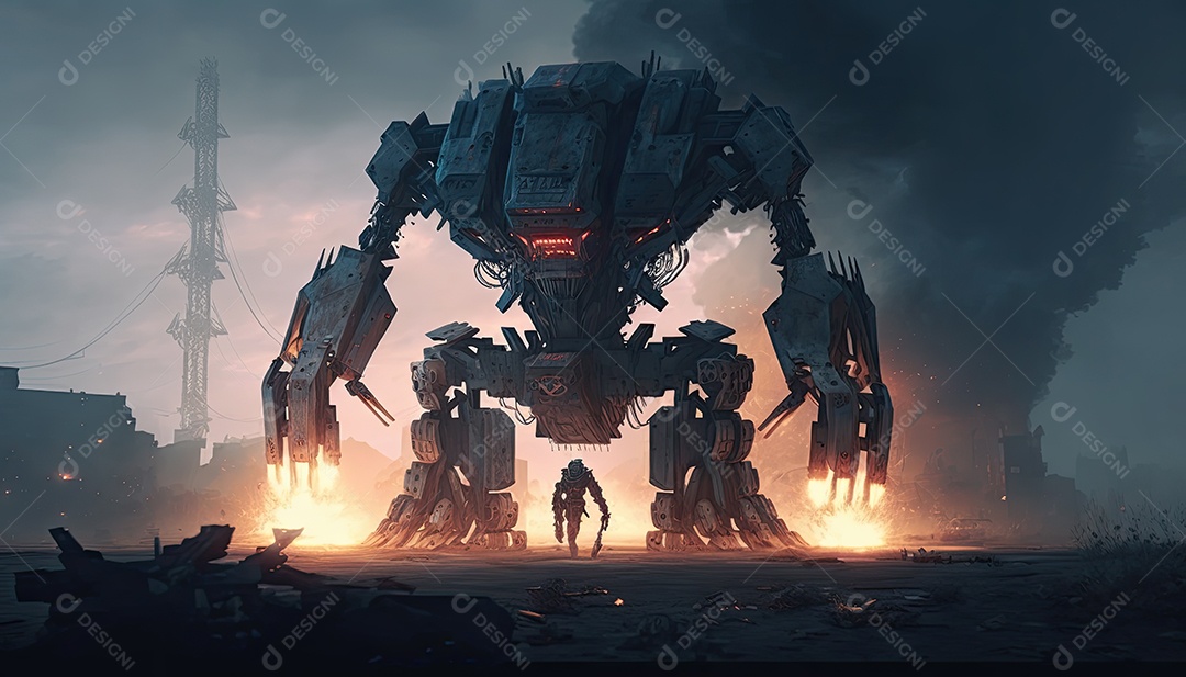 Robô gigante de ficção científica atacando uma cidade
