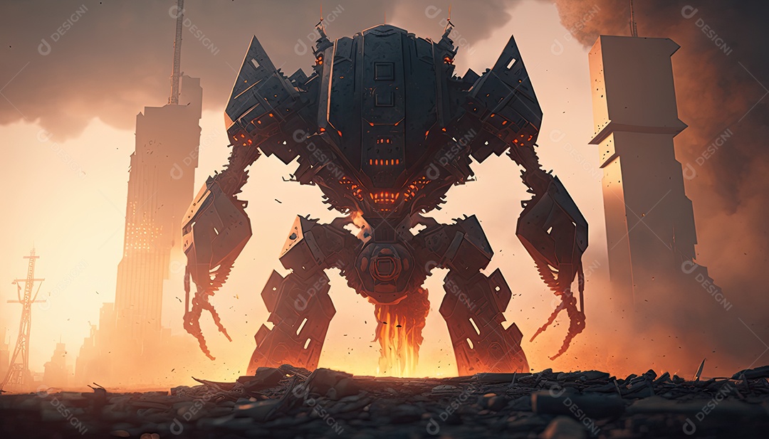 Robô gigante de ficção científica atacando uma cidade