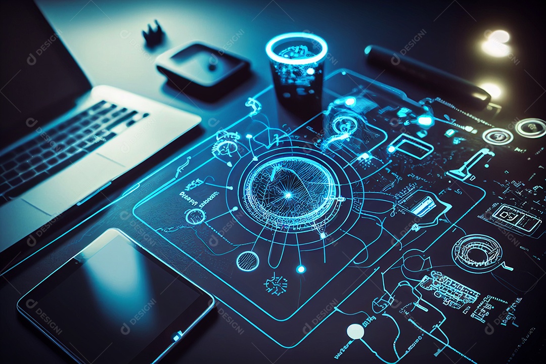 Leptop com tablet com tecnologia avançada sobre mesa criada por IA