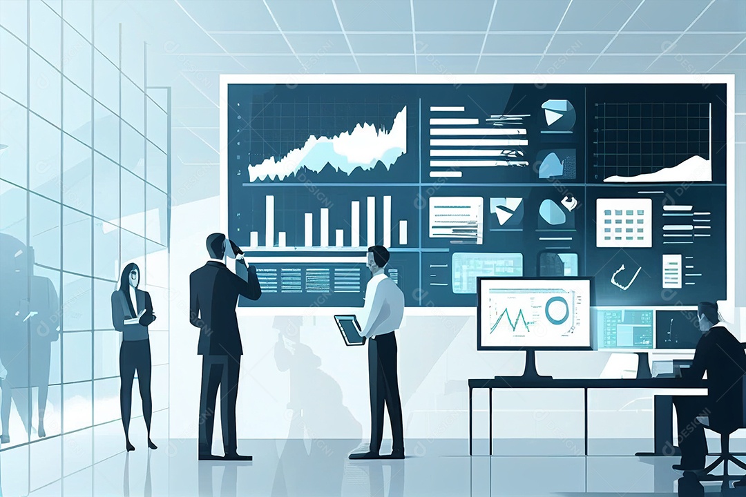 Empresários observando gráficos em telas de alta tecnologia sobre fundo criado por IA
