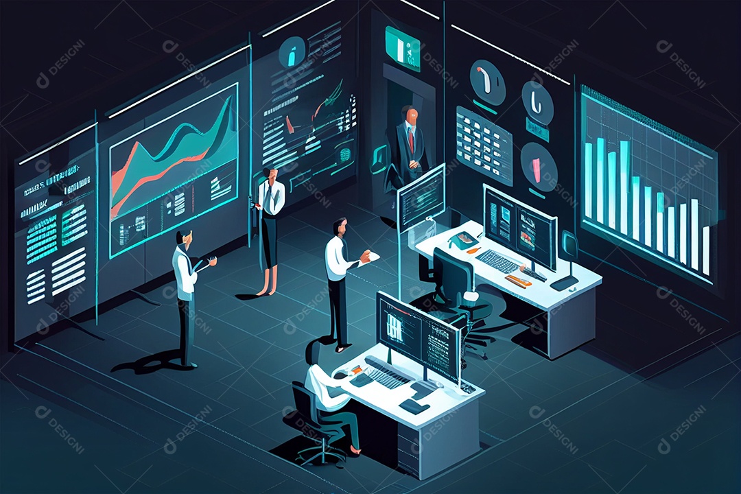 Empresários observando gráficos em telas de alta tecnologia sobre fundo criado por IA