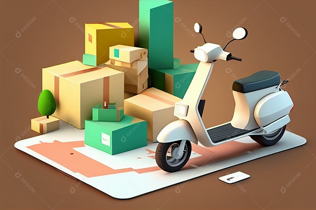 Importação de conceito de serviço de logística de scooter de motocicleta de transporte de entrega online armazenamento integrado e serviço de transporte ilustração de renderização em 3D