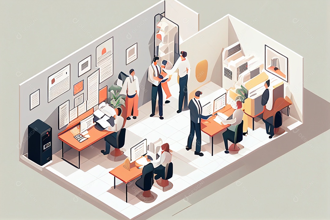 Lindo desenho de ilustração de pessoas trabalhando em um escritório gerado por IA