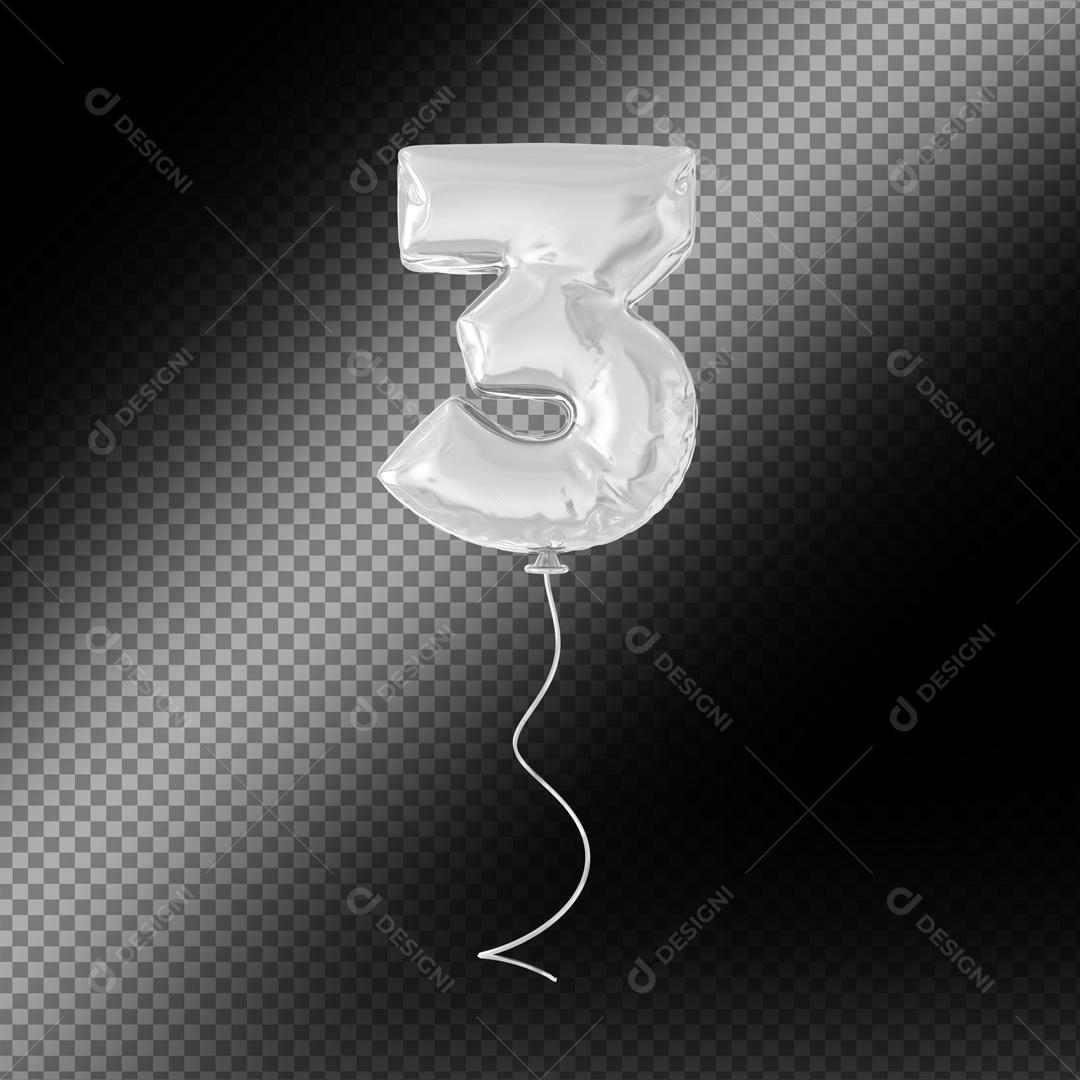 Balão De Festa Prata De Número 3 Fundo Preto Elemento 3D Para composição PSD