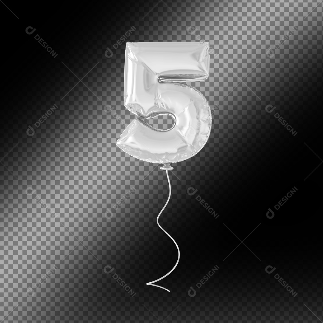 Balão De Festa Prata De Número 5 Fundo Preto Elemento 3D Para composição PSD