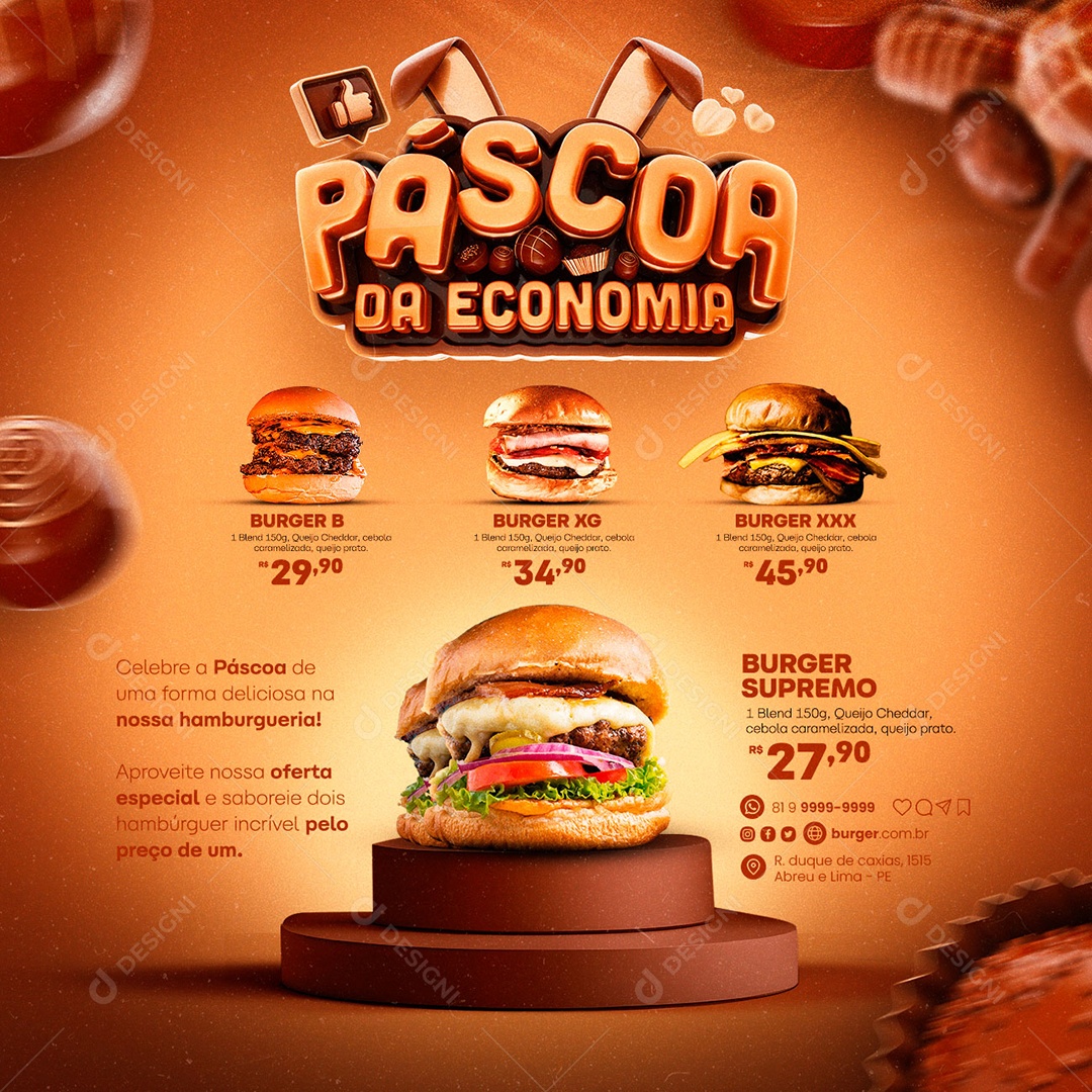 Páscoa Da Economia Hamburgueria Burger Supremo 27,90 Social Media PSD Editável