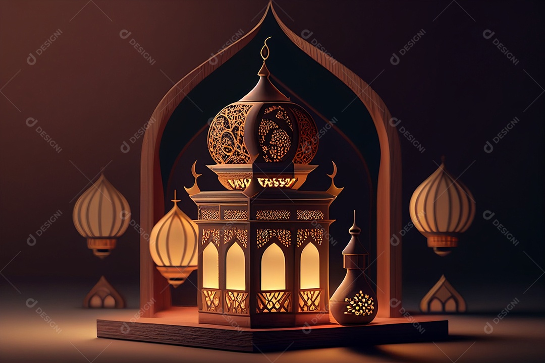 Lanterna árabe decorativa com uma velas acesas sobre fundo isolado