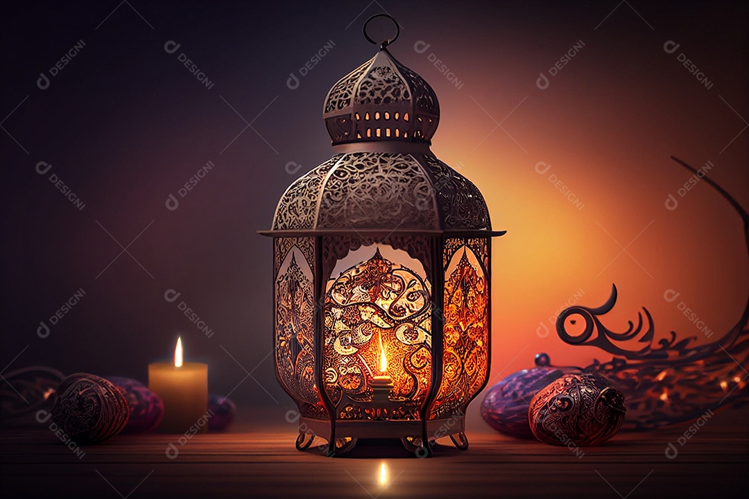 Lanterna árabe decorativa com uma velas acesas sobre fundo isolado