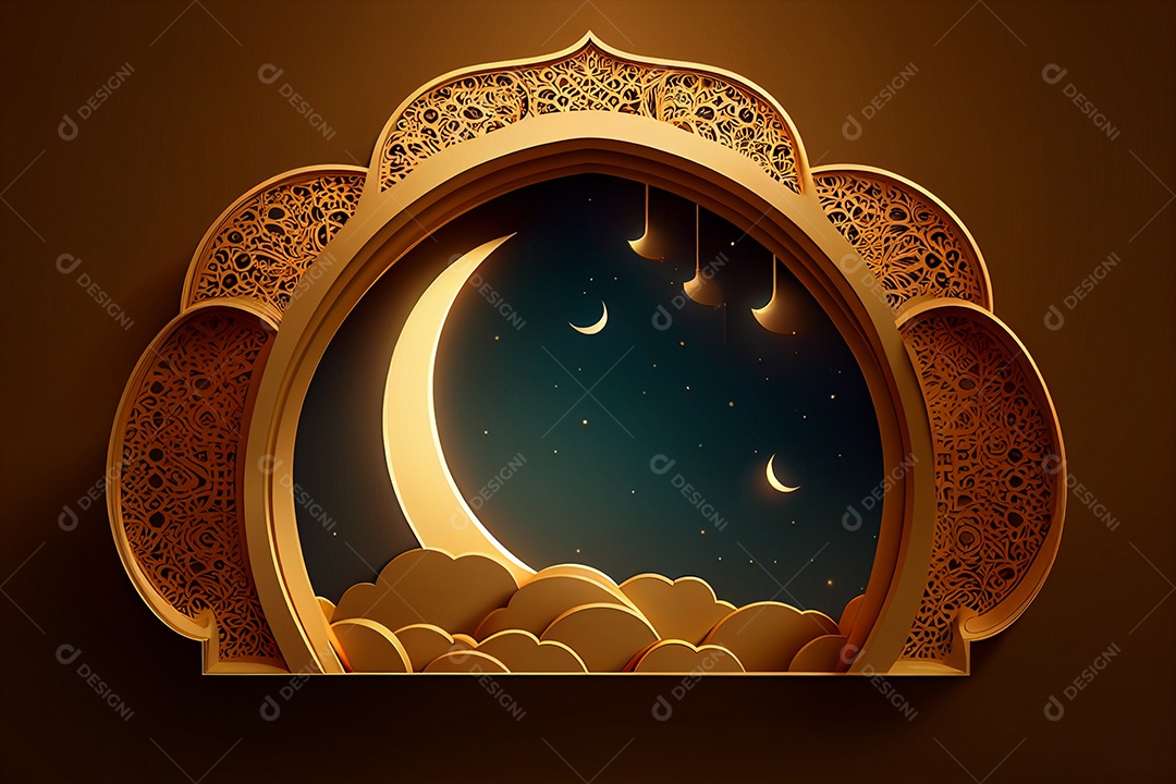Plano de fundo Ramadan Kareem Lua crescente e nuvem gerada por IA
