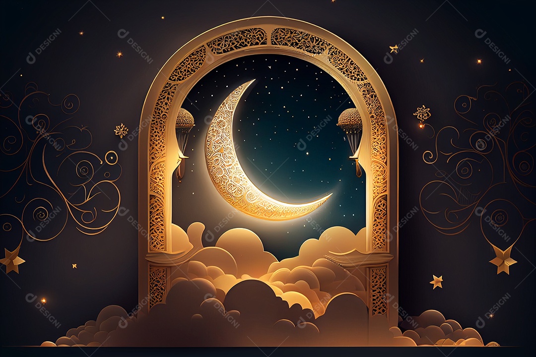 Plano de fundo Ramadan Kareem Lua crescente e nuvem gerada por IA