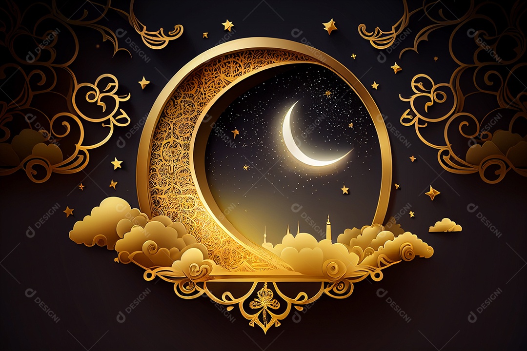 Plano de fundo Ramadan Kareem Lua crescente e nuvem gerada por IA