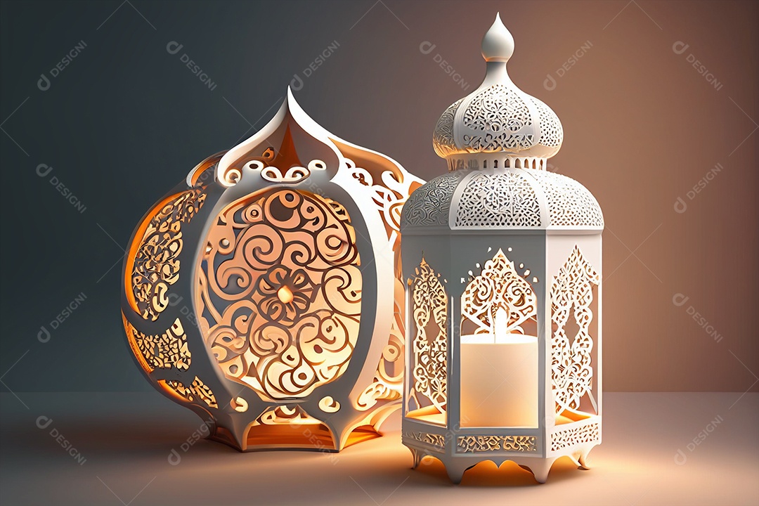 Belas lanternas marroquinas  com cores bege sobre fundo gerado por IA