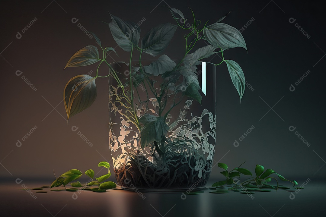 Linda planta verde em um vaso transparente com água