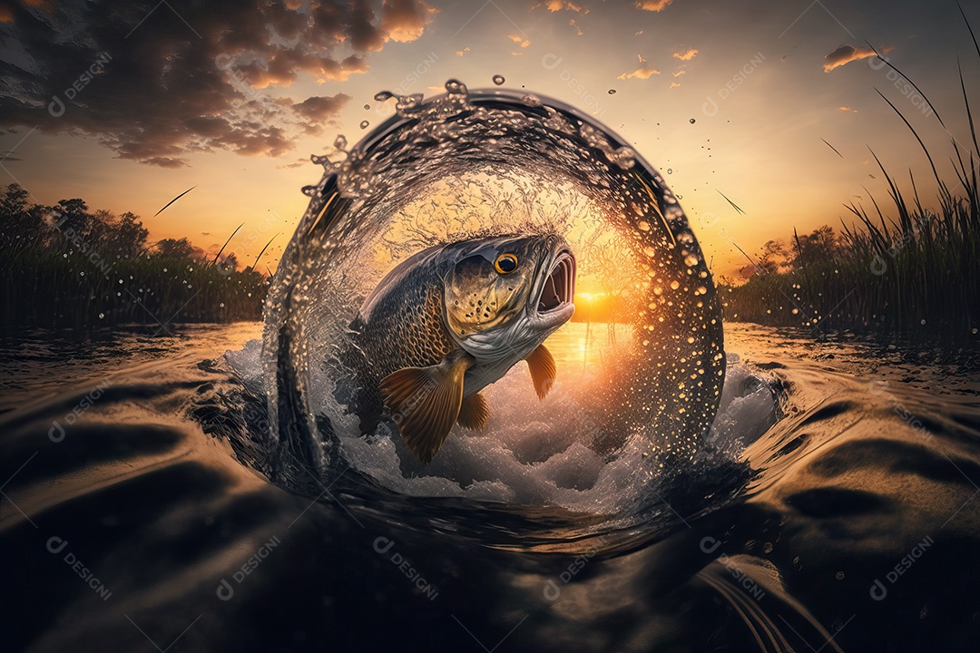 Linda imagem de peixe saltando ao pôr do sol