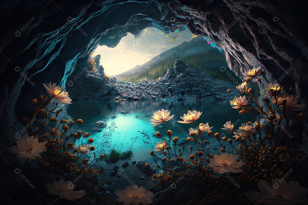 Linda caverna mágica com flores iluminadas e um lago azul transparente