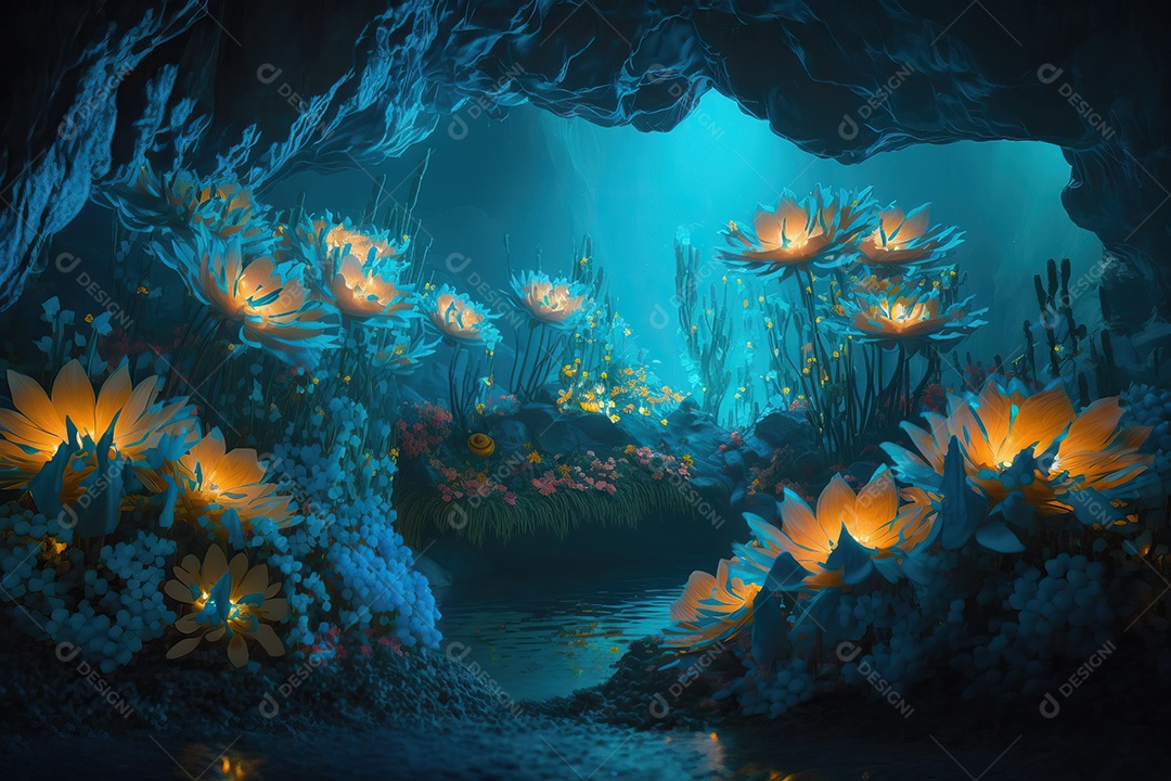 Linda caverna mágica com flores iluminadas e um lago azul transparente