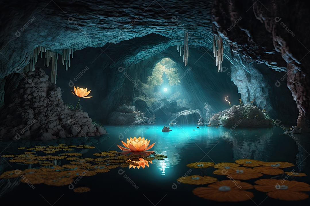 Linda caverna mágica com flores iluminadas e um lago azul transparente