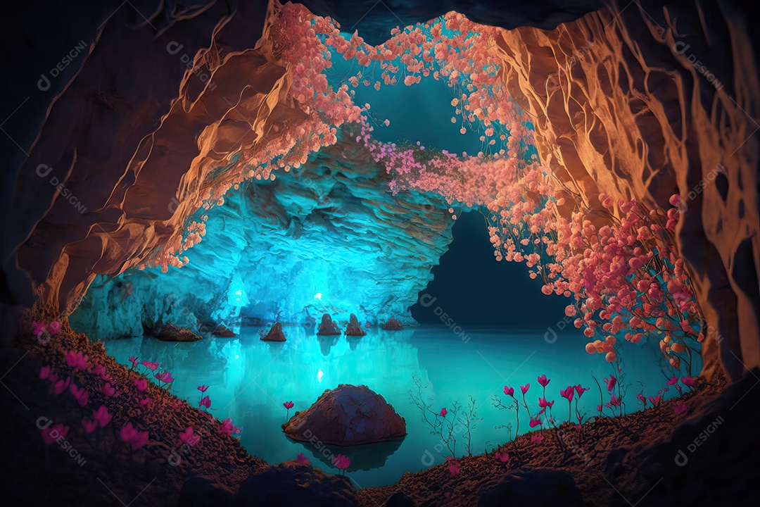 Linda caverna mágica com flores iluminadas e um lago azul transparente