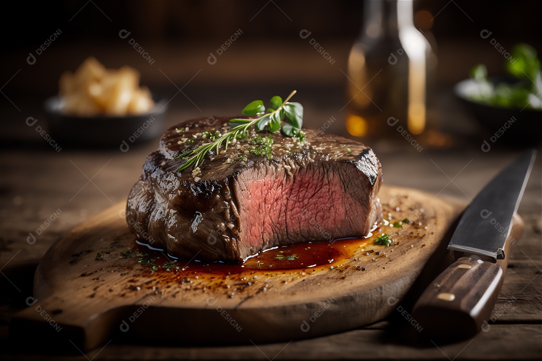 Bife grelhado suculento com ervas e especiarias na tábua rústica. Churrasco visão aproximada