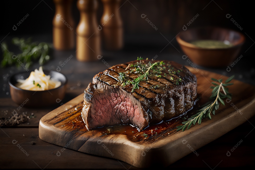 Bife grelhado suculento com ervas e especiarias na tábua rústica. Churrasco visão aproximada